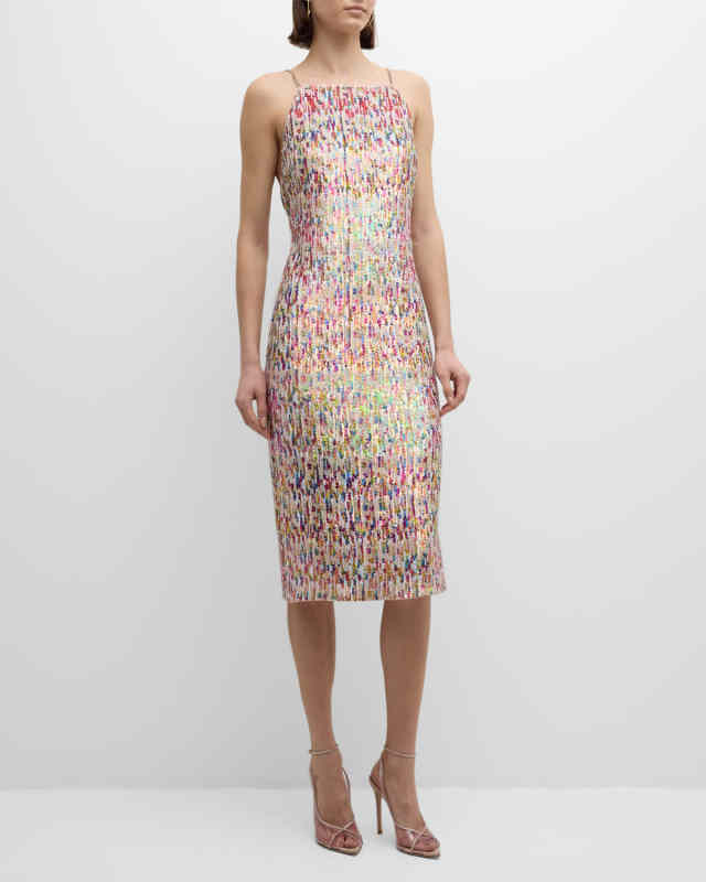 Rhinestone-Strap Sequin Halter Midi Dress